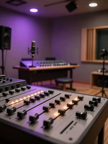 Atmospheric wide shot of a professional sound recording booth, glowing soundboard sliders in the foreground, soft purple key light illuminating an empty microphone setup, moody shadows.