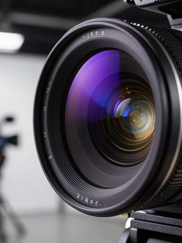 Extreme close-up of a high-end cinema camera lens. The glass element reflects vibrant purple and deep blue studio lights, with a blurred background of an active video production set.