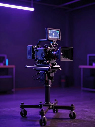 Cinematic camera rig on a dolly inside a dark studio, illuminated by dramatic purple and blue neon key lights, shallow depth of field, professional production environment.
