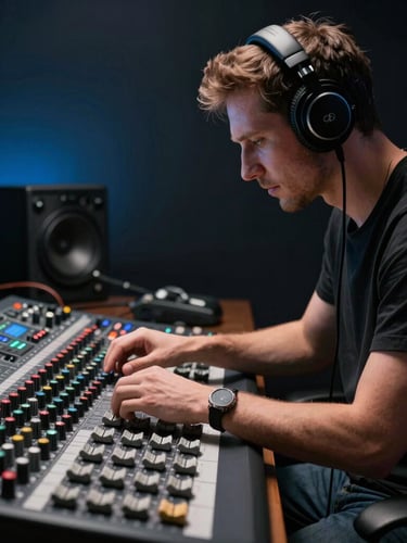 A creative director with headphones adjusting a professional audio mixer, dark studio background with moody blue backlight, side profile, cinematic lighting.