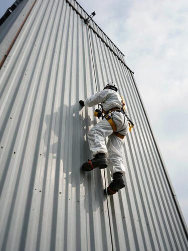 Wide-angle view from below, a worker in full PPE — hard hat, harness, safety lanyard clipped to a steel anchor rail — ascending a tall industrial structure under harsh overcast daylight, corrugated metal panels receding into the background, strong shadows cutting across the metallic surface