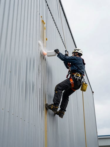 Close-up wide shot of a rope-access technician in full PPE and harness applying cleaning solution to a corrugated painted steel facade panel of an industrial building under harsh overcast daylight, sealant residue and grime streaks visible on the surface being treated, industrial structure extending upward in background