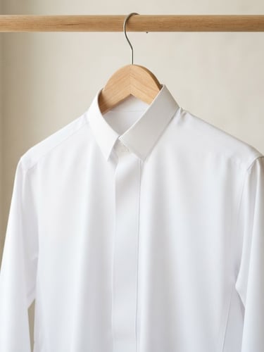 A pristine white thobe perfectly pressed and hanging on a minimal wooden hanger, soft morning light, clean background, close-up on fabric texture, 50mm, bright clean photography
