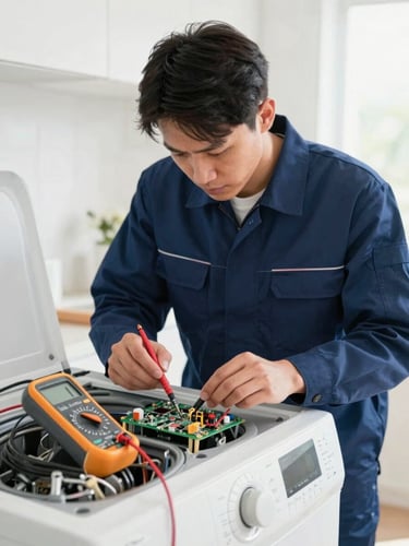 Close-up of a professional technician in a clean navy uniform using a digital multimeter to test a circuit board of a modern washing machine, bright natural indoor lighting, 35mm lens