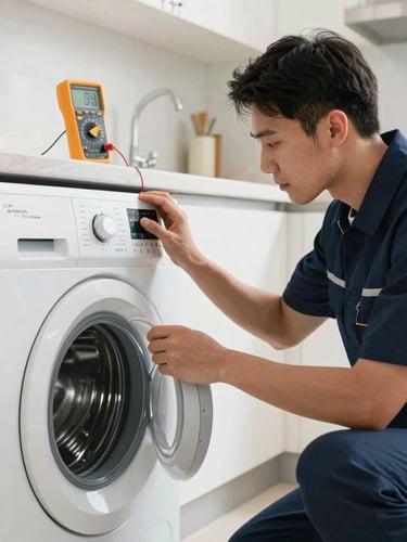 A certified technician in a clean navy uniform testing a modern washing machine with a digital multimeter in a bright Dubai kitchen, sharp focus, 35mm lens.