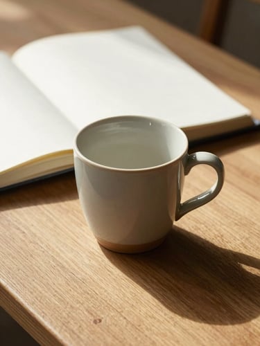 Dettaglio ravvicinato di una tazza in ceramica artigianale e un taccuino aperto su un tavolo di legno chiaro, illuminati dalla luce soffusa del mattino nel silenzio dello studio.