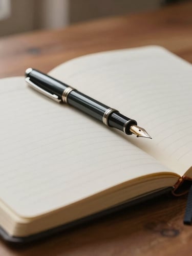 Tactile close-up of an open paper notebook with a fountain pen on a textured wooden desk, soft natural light filtering from a window, warm terracotta undertones.