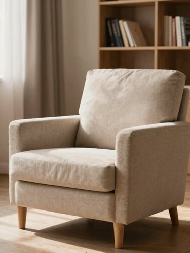 An empty comfortable fabric armchair in a quiet therapy room, minimalist wooden bookshelf in the background, soft warm daylight filtering through curtains, high-end editorial style.