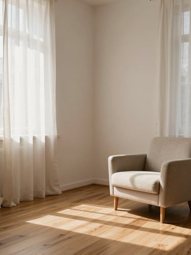 Wide environmental shot of a bright, minimalist psychotherapy studio in Rome, soft sunlight filtering through linen curtains onto a warm wooden floor and a comfortable fabric armchair