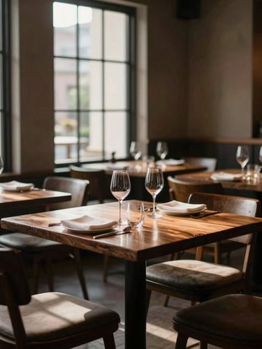 An empty elegant dining room of a high-end restaurant in warm morning light, empty rustic tables, soft shadows, sophisticated atmosphere, editorial photography