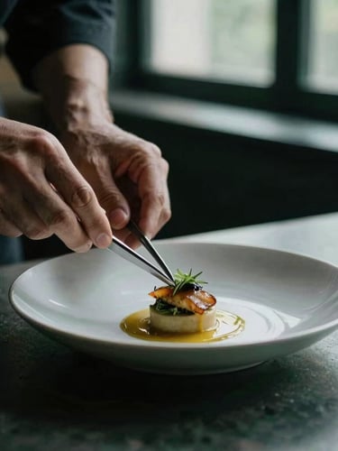 Close-up of chef hands plating a minimalist dish with tweezers under soft natural window light, dark green background, moody editorial culinary photography, 35mm