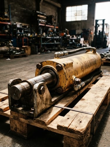 Close-up of a heavy-duty Manitou hydraulic cylinder on a wooden shipping pallet in a Casablanca warehouse, sharp mechanical details, harsh natural sunlight, 35mm