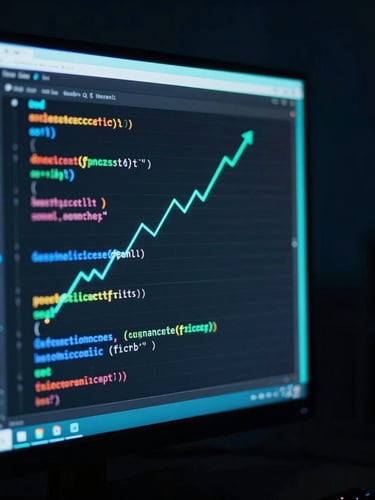 Sleek dark-mode technology photography, cool neon-cyan backlighting, macro shot of clean code on a monitor beside analytics showing an upward trend