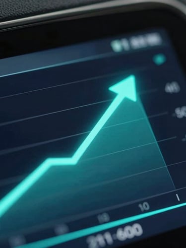 Macro depth of field shot of a sleek dashboard showing upward revenue trends, high-contrast cool studio lighting, neon-cyan accents