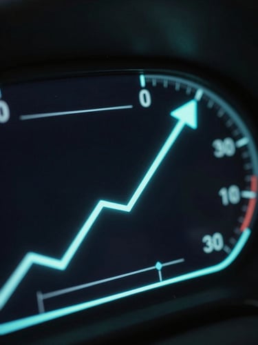 Sleek dark-mode technology photography, macro depth of field of a glowing dashboard showing an upward conversion trend line, cool neon-cyan backlighting