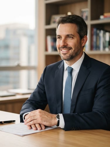Professional portrait of Dr. Irineu Albernaz, a man in his 40s, confident and approachable, in a modern office with natural wood accents, soft window light, shallow depth of field, 35mm, looking slightly off-camera, neutral background.