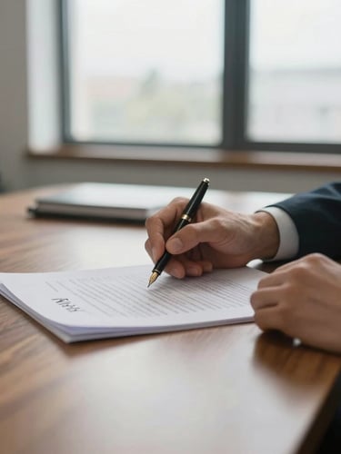 Close-up of hands reviewing legal documents on a polished wood desk, a fountain pen resting beside them, soft natural light from a window illuminating the scene, shallow depth of field, 35mm, modern office interior.
