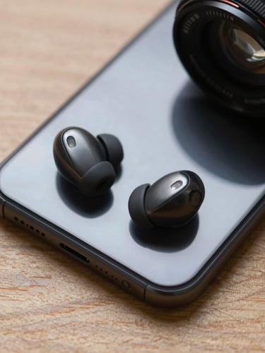 Close-up of a sleek metallic smartphone and wireless earbuds on a wood texture, soft side lighting, sharp focus on product details