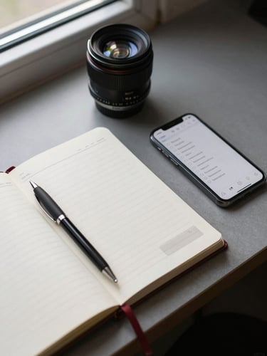 A top-down view of a modern, organized desk with a notebook, a pen, and a clean smartphone displaying a checklist, soft natural window light