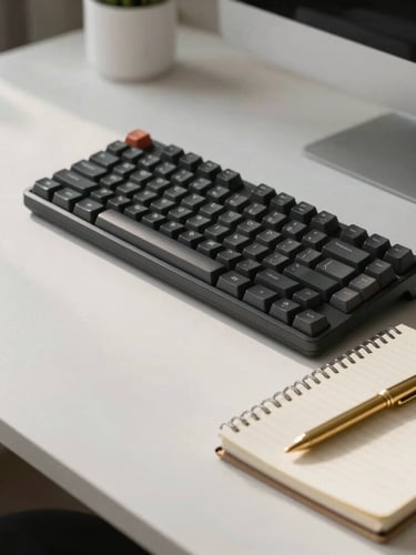 Minimalist home office desk setup with a mechanical keyboard, a clean notebook, and a brass pen under soft natural morning light, editorial style