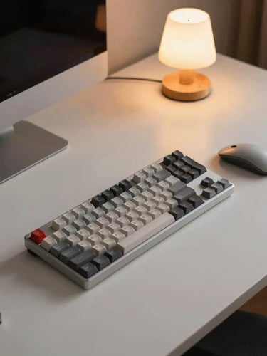 High-angle shot of a modern, organized home office desk with a clean mechanical keyboard, minimalist mouse, and warm desk lamp light, editorial tech style