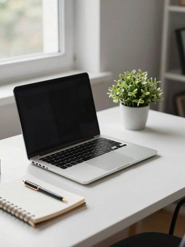 A clean, modern home office desk with a laptop, a notebook, and a small green plant, lit by soft natural window light, editorial photography style