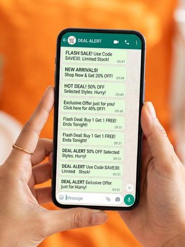 Close-up of a smartphone screen displaying WhatsApp chat with deal notifications, held by hands, vibrant orange and white background, natural daylight, mobile-first framing.