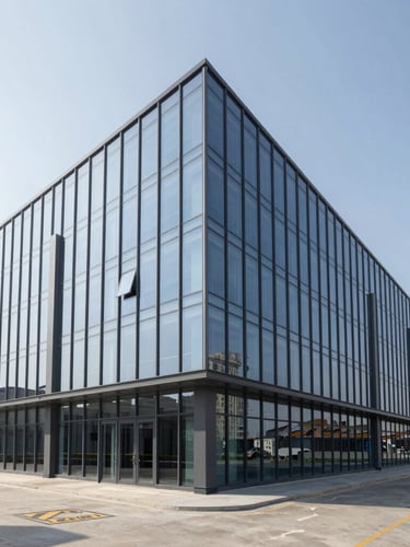 Wide architectural shot of a modern clean industrial facility with glass windows, cool daylight, sharp perspective lines, technical precision.