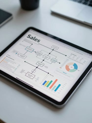 Close-up of a tablet displaying complex sales pipelines, technical blueprints, and clean data charts on a modern desk, cool daylight.