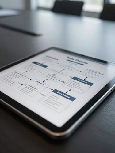 Close-up of a tablet displaying a complex sales pipeline and technical blueprints on a dark meeting room table, cool crisp daylight, macro-level details.