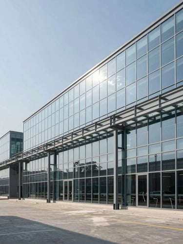 Wide architectural view of a modern clean industrial facility with glass panels, cool daylight, structured steel frames, and negative space on the left.