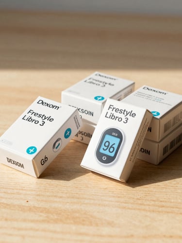 Prism-like arrangement of factory-sealed Dexcom G6 and Freestyle Libre 3 boxes resting on a clean, sunlit wooden surface with soft desert shadows.