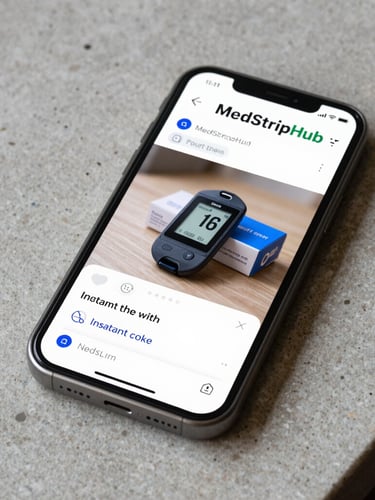 A smartphone showing a friendly text message conversation with MedStripHub, displaying a photo of a Dexcom G7 box and an instant cash offer response, resting on a clean stone counter.