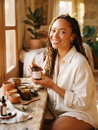 Warm, sun-drenched portrait of a diverse model with healthy, glowing skin, next to open jars of organic daily oils on a terracotta surface, soft natural shadows, golden-hour window light, tactile textures, wide shot.