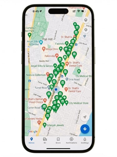 A clean mobile screen mockup displaying Google Maps with vibrant emerald green location pins highlighting local Indian showrooms and clinics, bright natural daylight, 35mm