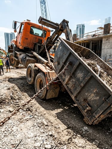Low-angle dynamic shot of a massive safety-orange flatbed truck dropping off a steel roll-off container on a gritty Miami job site, harsh midday sun, industrial chains, wide-angle lens