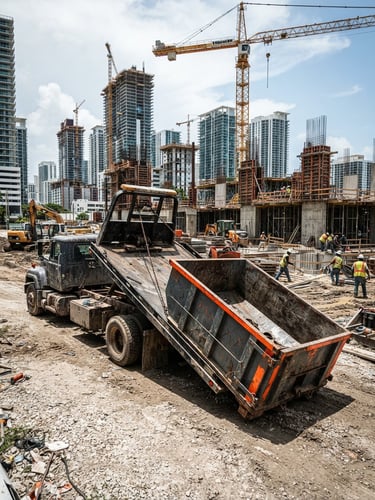 Gritty industrial wide-angle shot of a flatbed truck dropping off a heavy-duty steel dumpster with bold safety orange accents, high-contrast midday sun, active Miami construction site background.