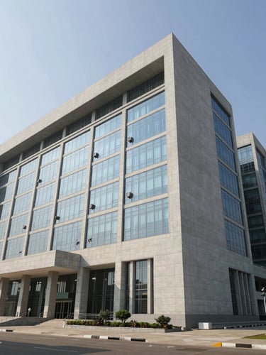 Wide-angle architectural shot of a massive modern government complex in India under bright daylight, clean concrete lines, structured glass facade.
