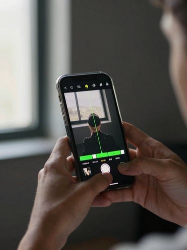 First-person POV over the shoulder shot of hands holding a smartphone, editing a video timeline with bright neon markers, direct window light, dark background.