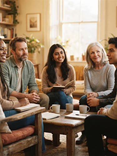 Candid medium close-up of a diverse group of people sitting in a warm, sunlit circle, smiling gently and listening intently, soft golden-hour ambient light, shallow depth of field, 35mm