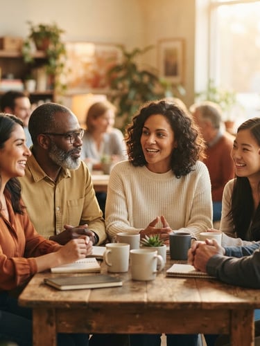 Candid medium close-up of a diverse group of people sitting in a warm, sunlit community room, talking and listening attentively, soft golden-hour ambient light, shallow depth of field, 35mm.