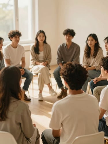 Warm editorial photography of a small group of diverse people sitting in a comfortable circle in a sunlit room, candid expressions of empathy and connection, shallow depth of field, 35mm