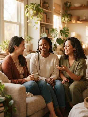 Warm editorial portrait of three diverse people sitting closely, laughing and listening authentically in a cozy, sunlit space, soft golden-hour natural light, shallow depth of field, 35mm