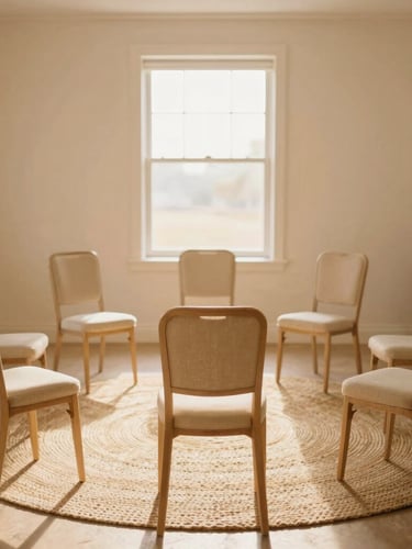 A warm, inviting community room with soft natural light streaming through a window, empty chairs arranged in a neat circle on a woven rug, calm peaceful atmosphere, 35mm