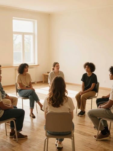 A wide-angle environmental photograph of five diverse people sitting in a comfortable circle in a warm, airy community hall, natural light pouring in, peaceful atmosphere, 35mm
