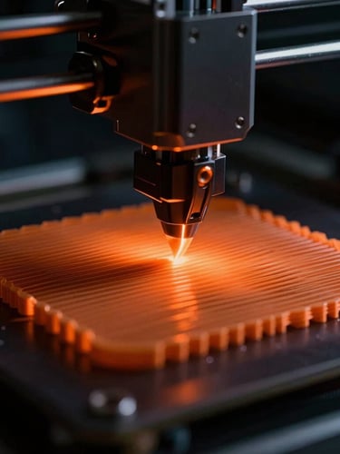 Extreme macro shot of an active 3D printer nozzle depositing molten orange filament onto a build plate, showing perfectly formed layer lines at 0.1mm precision, with dramatic low-key lighting and warm glow.