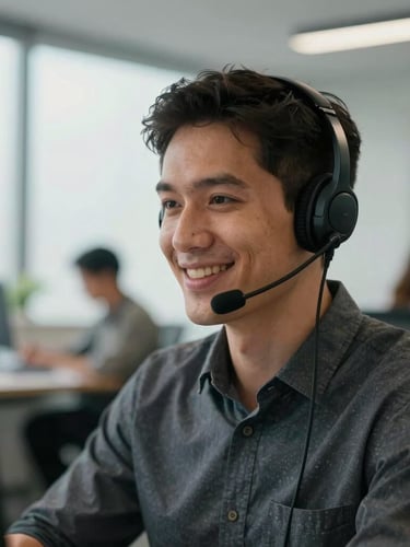 Medium close-up of a professional remote agent with a sleek headset, focused and smiling warmly in a bright, modern Brazilian office space, soft natural daylight.