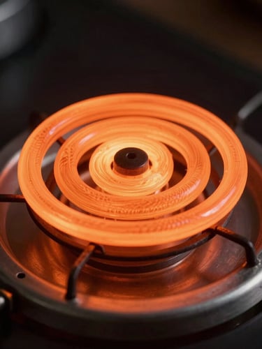 Macro close-up of a glowing electric oven heating element, focusing on the metallic texture and intense orange coil with clean dark surroundings.