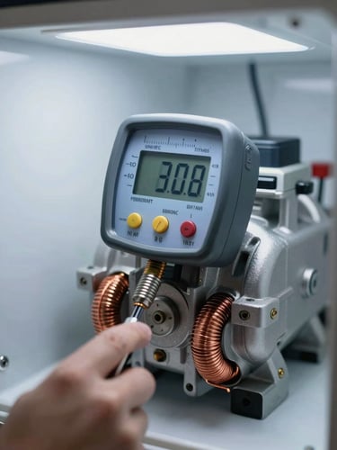 Macro close-up of a digital diagnostic meter testing copper coils on a premium refrigerator compressor under bright white task lighting.