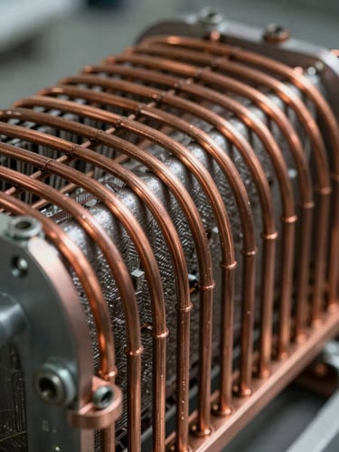 Macro shot of a clean, copper refrigeration coil assembly under sharp task lighting, technical precision depth of field